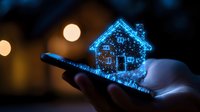 Glowing blue hologram house floating above smartphone screen in dark environment with bokeh lights, representing smart home technology and digital real estate concept.