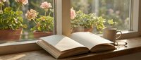 Cozy reading corner with open book on wooden windowsill, coffee cup and blooming geranium flowers creating peaceful morning atmosphere for relaxation and study.