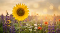 Bright yellow sunflower blooming in colorful wildflower meadow with purple lupines and white daisies during golden hour sunset creating warm bokeh background.