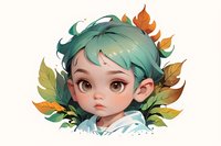 Whimsical digital art portrait of a young Asian girl with mint green hair and big brown eyes, surrounded by colorful autumn leaves creating a decorative frame, perfect for children's book illustration