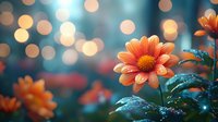 Orange chrysanthemum flower with water drops on petals against blurred bokeh background in blue and golden tones, macro photography for nature decor.
