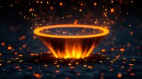 Glowing orange portal with magical light rays and floating particles emerging from dark surface, creating mystical atmosphere with bokeh effect and dramatic lighting.