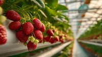 Fresh ripe strawberries growing in modern greenhouse hydroponic system with green leaves and white growing medium for organic farming and agriculture.