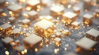 Glowing golden cubes with sparkling light particles on reflective surface, creating luxurious abstract technology background for financial or data concepts.