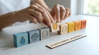 Customer journey concept with wooden blocks showing progression from negative to positive experience through service improvement and satisfaction rating.