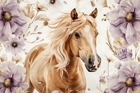 Palomino horse with flowing mane surrounded by delicate purple anemone flowers on cream background, artistic composition for wall decor and interior design.