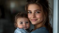 Young mother in casual blue top holding adorable baby with dark curly hair, both smiling warmly at camera against blurred background. Natural lifestyle portrait captures tender family moment.