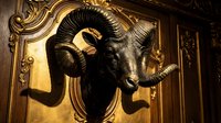 Ornate golden frame featuring a black ram head sculpture with curved horns, mounted on a decorative wall panel for luxury interior design and classical decor.