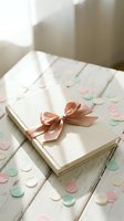 Elegant gift box with pink satin ribbon and colorful paper confetti on white wooden surface for celebrations and special occasions.