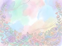Pastel rainbow watercolor background with delicate floral line art, roses and leaves in soft purple, pink, mint tones for cards, invitations, and prints.