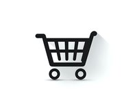 Black shopping cart icon with shadow on white background, symbolizing e-commerce and online retail for website and app design.