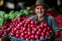 Mature farmer holding fresh harvested organic radishes at local market. Smiling man in hat displays vibrant red produce in blue container for farm-to-table sale.