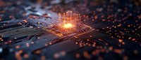 Glowing orange light emanates from central processor on circuit board with digital connections and energy particles, representing artificial intelligence and computing power.