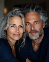 Mature couple with silver hair and navy clothing share intimate moment. Woman with natural gray waves and man with distinguished salt-pepper beard smile warmly at camera.