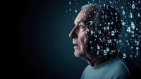 Middle-aged Caucasian man in profile with floating numbers around head representing data analysis, artificial intelligence and digital thinking concepts.