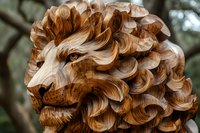 Majestic wooden lion sculpture with intricate carved mane details showcasing masterful craftsmanship in natural brown tones against blurred forest background.