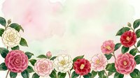 Watercolor camellia flowers in pink, red and white with green leaves on soft pastel background, elegant floral border for cards and invitations.