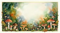 Watercolor forest frame with red and brown mushrooms, ferns, and autumn leaves surrounding a blank center space for text or design.