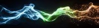 Colorful energy wave with blue, green, and golden light streams flowing across dark background, creating dynamic abstract design for technology or power concept.