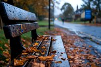Empty wooden park bench covered in autumn leaves and raindrops on rainy fall day, with wet road and trees in blurred background creating moody atmosphere.