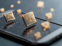 Golden email message icons floating above smartphone screen with sparkly particles and bokeh lights creating magical communication concept.