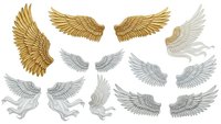 Golden and silver angel wings collection isolated on white background for fantasy design projects and decorative elements.