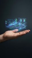 Male hand holding glowing holographic data analytics interface with charts, graphs, and financial metrics for business intelligence, digital transformation, and technology solutions.