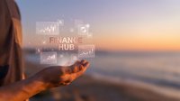 Digital finance hub concept with holographic interface floating above open palm at sunset beach for modern banking technology solutions.