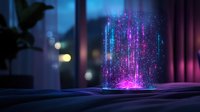 Glowing magical particles in glass cylinder create ethereal light display with pink and blue colors against dark room background, mystical atmosphere.