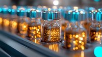 Medical vials with golden liquid in pharmaceutical manufacturing facility, illuminated by ambient light creating bokeh effect, modern medicine production line.