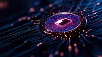 Futuristic microchip processor with glowing purple circuits and data streams for technology and artificial intelligence applications.