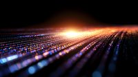 Digital matrix landscape with glowing light streams and bokeh effect on dark background, representing data flow and technological advancement in modern computing.