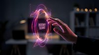 Hand touching futuristic holographic interface with glowing purple neon lights and digital effects for technology and innovation concepts.