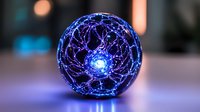 Glowing blue plasma ball with electric lightning arcs radiating from center against dark background, creating mysterious atmospheric lighting effects.