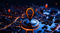 Glowing orange location pin marker hovering over futuristic digital city map with neon lights and bokeh effect, navigation concept for business and technology.