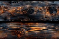 Dramatic charred wood texture with deep black burn marks and golden highlights, perfect for rustic design backgrounds and natural material concepts.