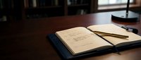 Open notebook with handwritten notes and pen on wooden desk, suitable for education, business planning, journaling, and creative writing projects.
