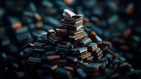 Stack of hardcover books arranged in chaotic pile against dark background, with one book open on top creating dramatic composition for education and literature concepts.