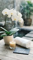 Spa self care setup with white orchid, burning candle, rolled towel and slate sign on rustic wooden table for wellness and relaxation.