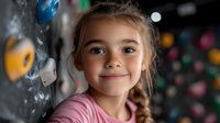 Young Caucasian girl with braided hair and bright smile at indoor climbing wall, wearing pink shirt, looking up with determination and joy against colorful climbing holds.