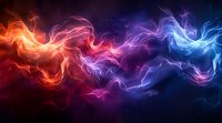 Vibrant abstract smoke waves in gradient colors from fiery orange to cool blue, flowing across dark background. Perfect for creative digital designs.