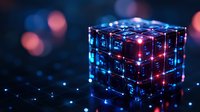 Futuristic glowing cube with neon lights and digital circuits on dark background. Technology concept for presentations and digital marketing materials.
