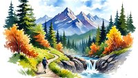 Watercolor mountain landscape with hiker on trail, autumn foliage, waterfall and evergreen forest. Nature adventure scene for outdoor recreation designs.