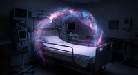 Futuristic hospital room with glowing purple energy portal above patient bed creating sci-fi medical technology atmosphere for healthcare innovation concepts.
