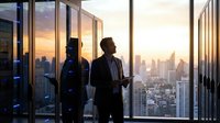 Two business professionals discussing strategy while overlooking city skyline through office windows during golden hour sunset.