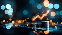 Glowing arrow chart rises above stacked coins against blurred bokeh lights background, representing financial growth and investment success in business markets.