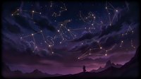 Lone figure gazes at glowing constellations in a dramatic purple night sky above dark mountains, evoking mystery and cosmic wonder.