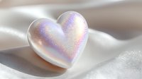 Holographic heart shape with iridescent rainbow colors on soft white silk fabric background for romantic design projects and Valentine's Day concepts.