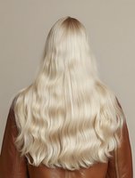 Rear view of woman with long wavy blonde hair wearing brown leather jacket against neutral beige background for hair care and beauty concepts.