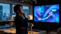 Professional businesswoman analyzing growth chart presentation in modern office conference room with city skyline view at evening.